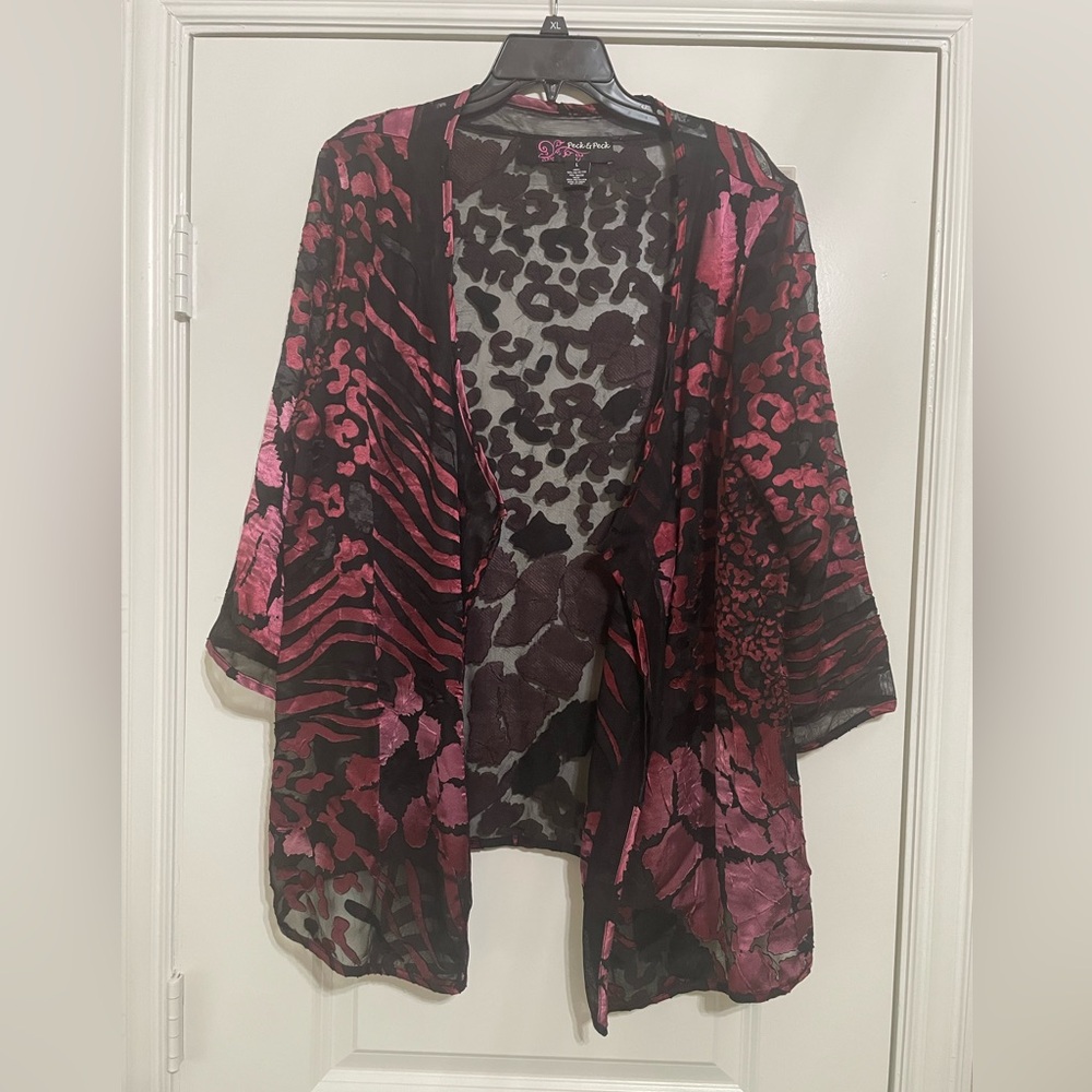 Chic & Unique Pink & Black Animal Print Sheer Kimono Cardigan SZ L